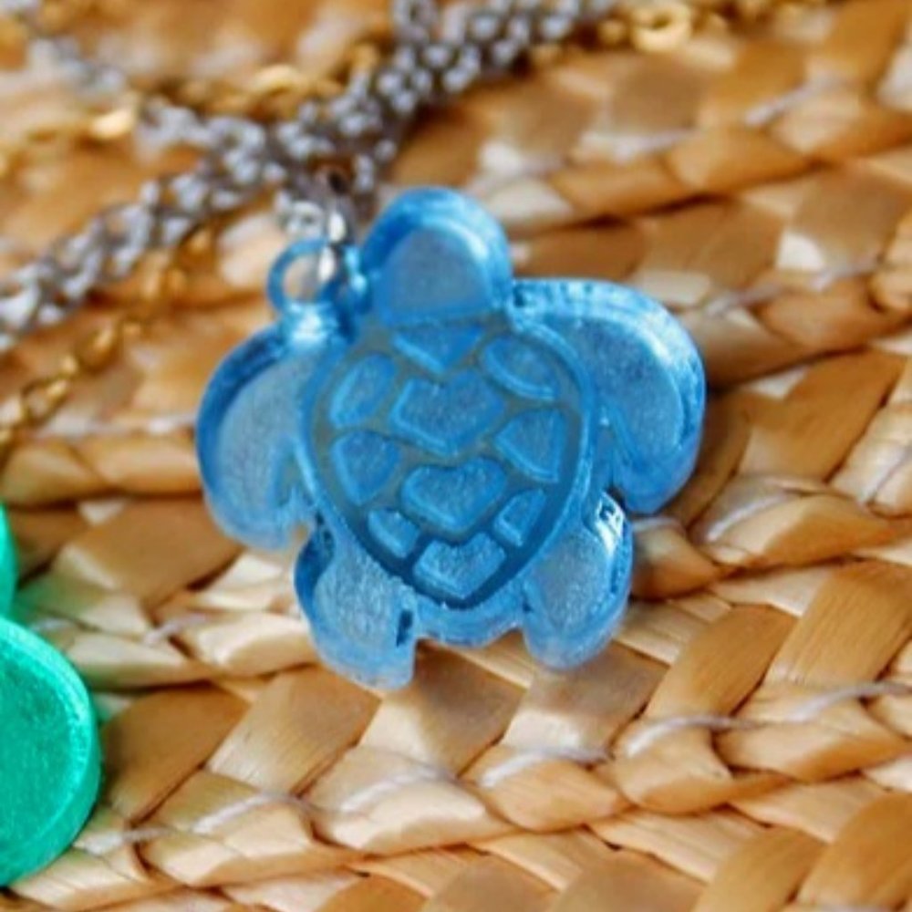 Turtle Necklace Light Blue Acrylic Pendant with 18 inch Silver Chain